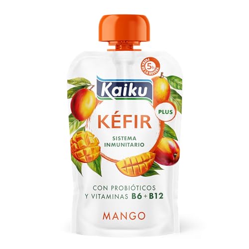 Kaiku – Kéfir Pouch Mango, Leche Fermentada con Fermentos de Kéfir, con Probióticos y Vitaminas B6 y B12, Refuerza el Sistema Inmunitario, Sin Azúcares Añadidos – 110 g