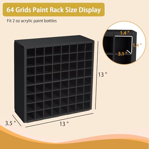 Image of Krafetto 64 Grids Craft Paint Storage Organizer, Wall-mountable Paints Holder, Stackable Paint Bottle Rack Stand for 2oz Acrylic Craft Paints, Black