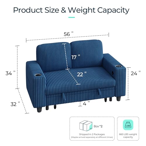 Image of LINSY HOME Loveseat Sofa with Storage - Comfy Plush Corduroy 2 Seater Sofa with USB Charging & Cup Holders, Deep Seat Love Seat for Small Spaces Living Room Bedroom Apartment, Blue