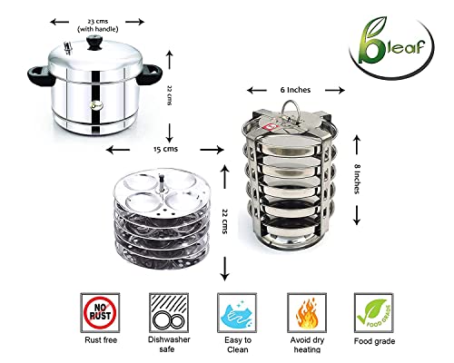 Image of BLeaf Stainless Steel-Idli cooker (Induction & Standard) with Regular Idli Stand /Idli Plates (6 Plates, 24 Idlis.) (Idli Cooker with 6 Regular Idli Plates & 5 Plates Thatte Idli Stand)