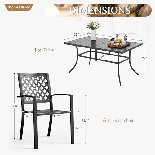 Image of Sophia & William Patio Table and Chairs Set, Outdoor Dining Set for 6, 7 Piece Metal Patio Furniture, 60 inch Black Rectangular Table(Diamond)