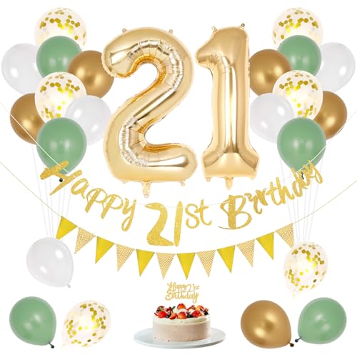 Sage Green 21th Birthday Decorations, Happy 21th Birthday Banner with Gold White Green Latex Balloons, Cake Topper for Women Men 21 Years Old Birthdays Party Supplies (Number 21)