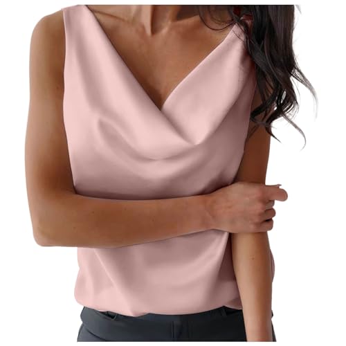 2025 Canotta da donna in raso di seta con scollo a cascata, casual, senza maniche, Camisole, estiva, basic, camicia larga, maglietta da donna sexy, Colore: rosa., S