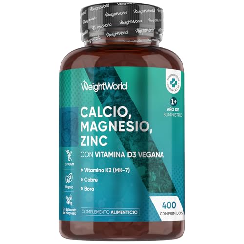 Calcio, Magnesio y Zinc con Vitamina D3, K2 y Más - 400 Comprimidos Veganos (+1 Año) - Complejo de...