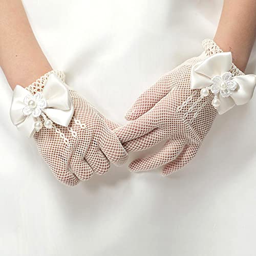AKOAK 1 Pair Girls Net Bow Lace Pearl Embellished Gloves, Stage Show/Party Supplies/Wedding Flower Girls/Ceremony Coronation Accessories4