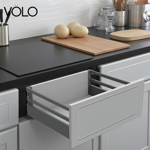 Image of VOLO Soft Close Tandem Drawer Slide System for Modular Kitchen - Double Gallery Metal Side Panels, Innotech Type, 50Kg Load Capacity | 1 Set | Grey, 8 Inch X 550MM /22 inch