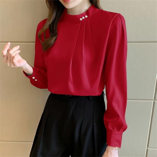 Women's Satin Business Blouses Long Sleeve Beading Stand Collar Workwear Office Shirt2