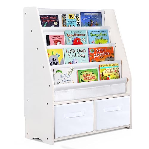 Image of MallBest Childrens Bookshelf Kids Sling Book Rack with Two Storage Boxes and Toys Organizer Shelves Natural Solid Wood Baby Bookcase