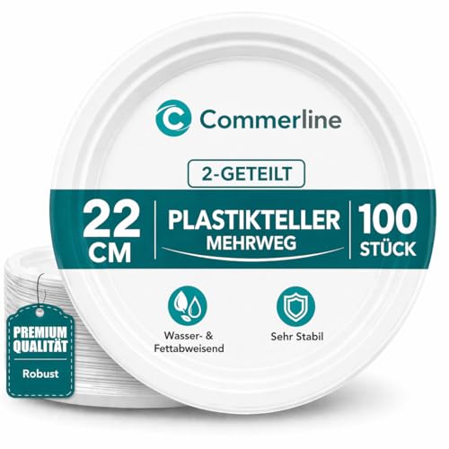 Commerline Lot de 100 Assiettes Réutilisables en Plastique Ø 22 cm | 2 Divisées | Passe au Lave-Vaisselle | Vaisselle de Fête