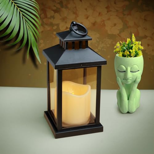 Image of Coku LT-22 Vintage LED Candle Lantern with LED Pillar Candle, Battery Operated Wall Hanging Lamp Decorative Lantern, Flameless Antique Glass Candle Holder for Home Decor, Diwali (Black, Pack 1)