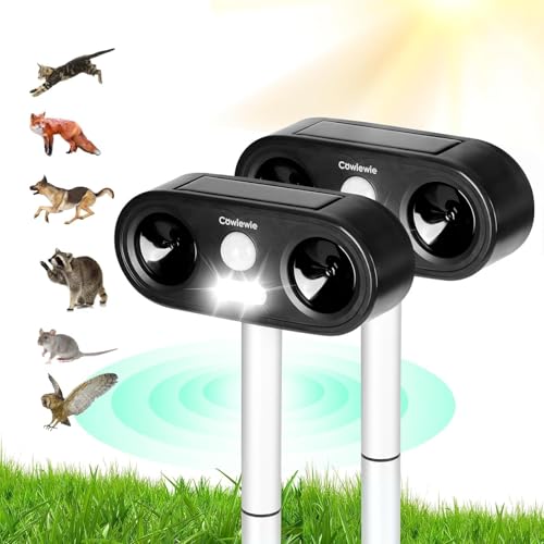 Cowiewie 2 Pezzi Repellente per Gatti da Esterno a Ultrasuoni e Flash LED, Ricarica Solare e USB, Repellente per Gatti Impermeabile per Giardini e Campi - Facile da Installare - Nero