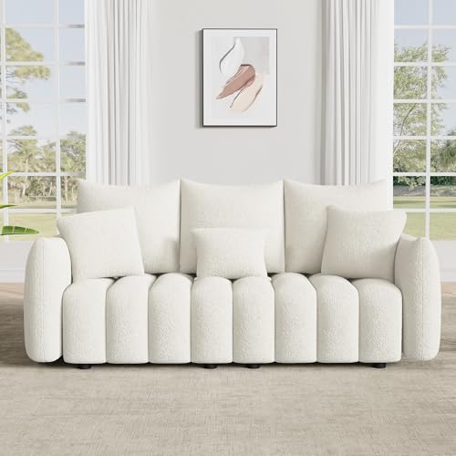 Image of OUYESSIR 81 inch Modern Sofa Couch, Comfy Upholstered Teddy Deep Seat Boucle Sofa, Modern 3-Seater Cloud Couch, Oversized Loveseat for Living Room Office Apartment, Beige White