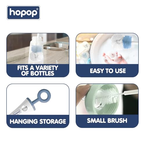 Image of Hopop Baby Feeding Bottle Cleaning Brush & Nipple Cleaner | 2 in 1 Flexible Bristle Bottle Brush| Grooved Handle with Easy Hanging Storage | Easy to Clean Narrow & Wide Neck Feeding Bottles |Blue