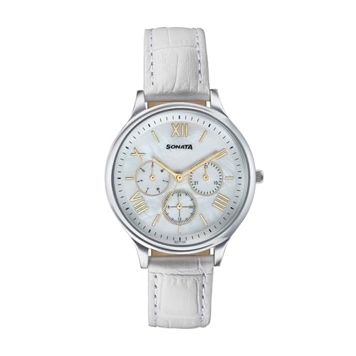 Image of Sonata Axis with Quartz Analog White MOP Premium Multifunction Design Dial White Strap Watch for Women - 87119SL01