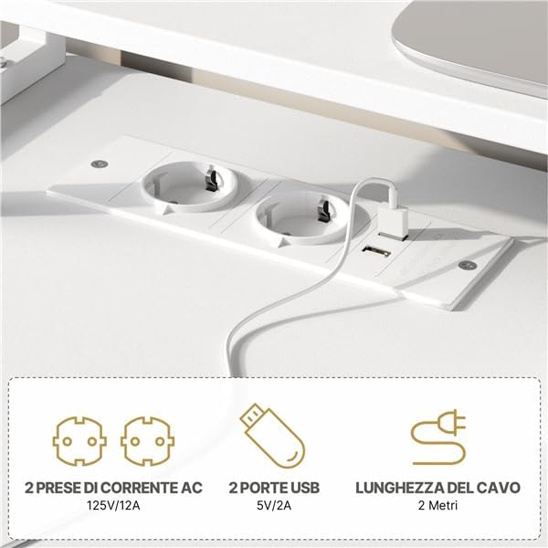 Close-up of the integrated power strip on the desk, showing two AC outlets and two USB ports with a charging cable connected.