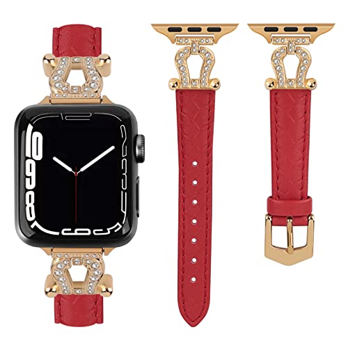 mxiixnai Leather Bands Compatible with Apple Watch Band Women 38mm 40mm 41mm,U-shape metal buckle with Bling Diamond for iWatch Bracelet series 8 7 6 5 4 3 2 1 SE(Red/Gold)
