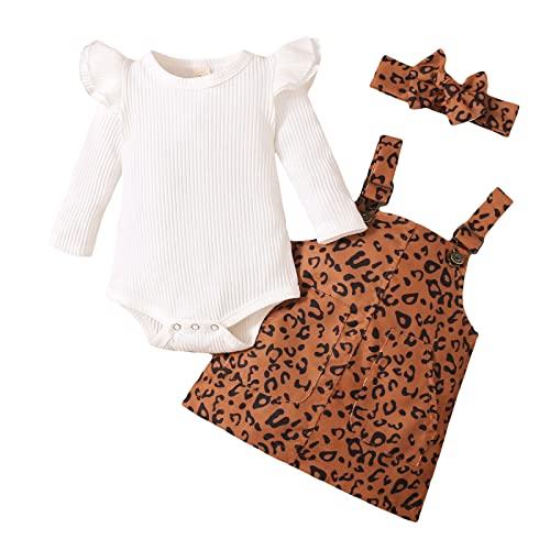 Image of Kupretty Newborn Baby Girl Spring Clothes Ruffle Long Sleeve Ribbed Romper Pocket Corduroy Suspender Skirts Infant Overalls Dress (Plain White Leopard Brown, 3-6 Months)