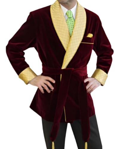 Men Burgundy Smocking Jacket. Yellow Quilted Lapel Design Gown New Year Party Jacket. Burgundy Velvet Robes