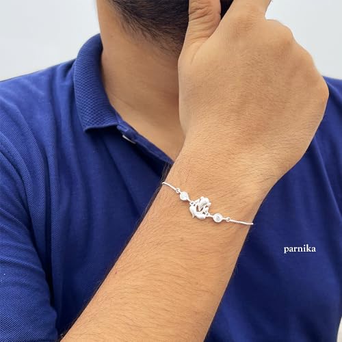 Image of Parnika 925 Om Ganesha Rudraksha Infinity Bro Shiv Bhai Adjustable Silver Rakhi Bracelet For Brother in 92.5 Sterling Silver for Boys and Men | Chandi ki Rakhi | Gift Box Roli Chawal