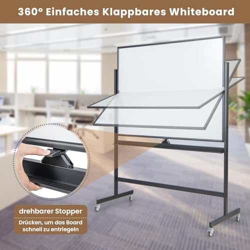 FANTASK Doppelseitiges mobiles Whiteboard, 120 x 90 cm, Trocken abwischbares magnetisches Whiteboard mit Gittermuster, Rollen, Ständer und Stiftablage, inkl. Zubehör für Büro, Zuhause (Schwarz)