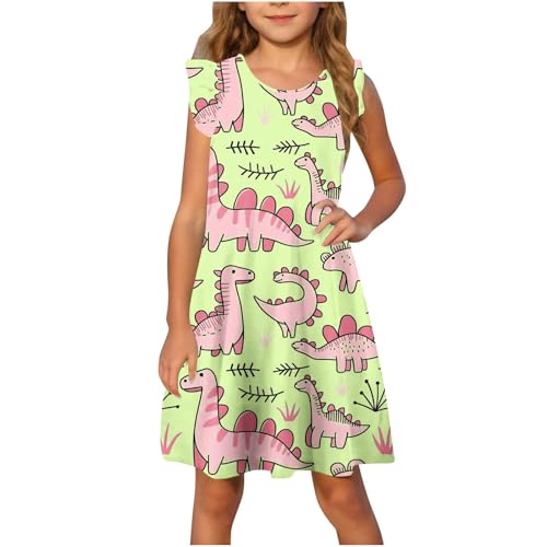 Girls Flutter Sleeve Summer Dress Cute Cartoon Dinosaur Print Loose A-Line Princess Swing Dresses for Kids 4-14 Years