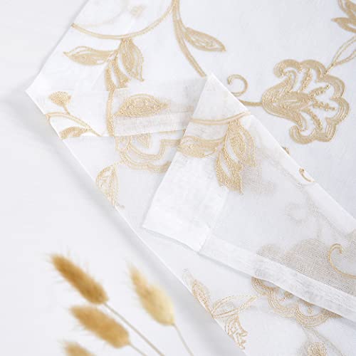 Image of Beige Sheer Curtains Embroidery 63 Inch Length Rod Pocket Voile Drapes for Living room, Bedroom, Window Treatments Semi Flower Pattern Curtain Panels for Kitchen, Yard, Farmhouse, Set of 2, 52 inchx 63 inch.