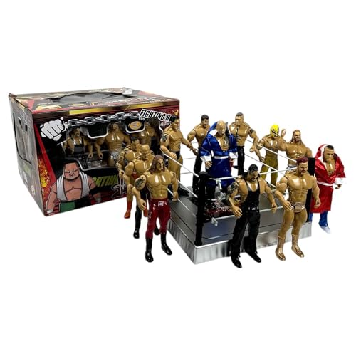 ALBADER Wrestling Miniature Toys for Kids WWE Style Ring with Action Figures Accessories Spring Mat Wrestling Ring Playset with Ladder Table and Chairs Boys Toy Gift Realistic Arena Set