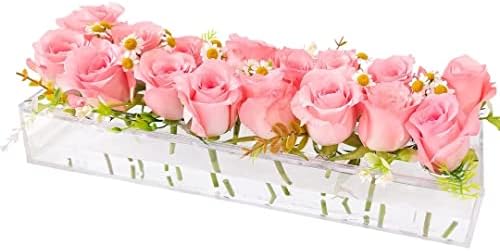 Clear Acrylic Flower Vase Rectangular, 15.7 Inches with 16 Holes for Elegant Flower Centerpiece Decor - Modern Vase for Fresh Flowers, for Wedding Home Dining Table Decor