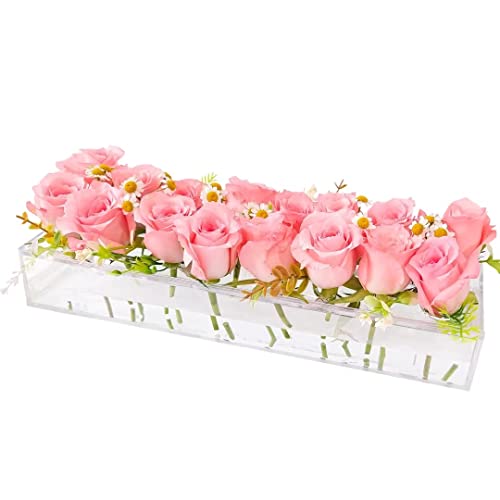 Clear Acrylic Flower Vase Rectangular, 15.7 Inches With 16 Holes For Elegant Flower Centerpiece Decor - Modern Vase For Fresh Flowers, For Wedding Home Dining Table Decor #TOP3