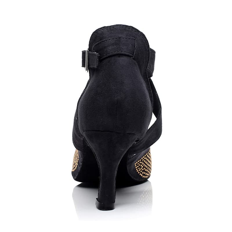 JUODVMP Buty do tańca towarzyskiego ze strasu damskie buty do tańca latynoskiego salsa bachata performance buty do tańca zamszowa podeszwa model QJW6232