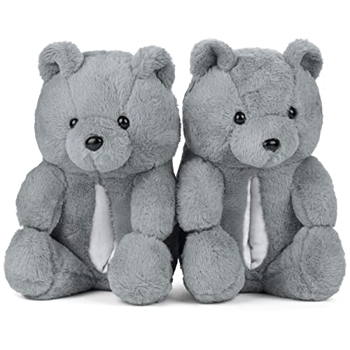 Hausschuhe plüsch, warme Teddybär hausschuhe flauschig Herren und damen, Home Indoor Winterschuhe Weiche Nette Warme Anti-Rutsch-Karikatur-Hausschuhe (Graubär) Cover