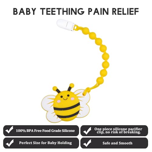 Image of Baby Food Grade Silicone Teether Ring Toy with One Piece Design Pacifier Clip Holder,Teething Toys Gift Set for 3 Months+ Boys and Girls,Freezer Safe,BPA Free.(Yellow Bee)