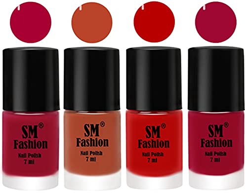 Image of Nail Polish Combo Set (Pack of 4) Quick Dry Gel Finish Nail Paint | Dark Magenta,Light Coral,Red,Pure Wine | 7 ml Each
