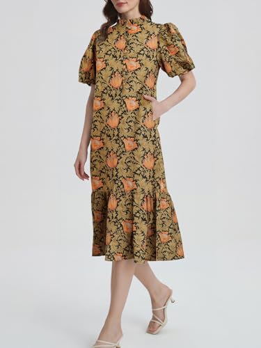 Image of Summer Floral Midi Dress for Women Spring Puff Short Sleeve Button Down Flowy Boho Dresses