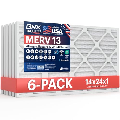 BNX TruFilter 14x24x1 Air Filter MERV 13 (6-Pack) - MADE IN USA - Electrostatic Pleated Air Conditioner HVAC AC Furnace Filters for Allergies Pollen Mold Bacteria Smoke Allergen MPR 1900 FPR 10
