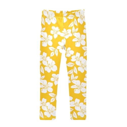 ALAZA Girls' Leggings Children's Yoga Pants Skinny Printed Dance Yellow White Flower Comfortable 4T