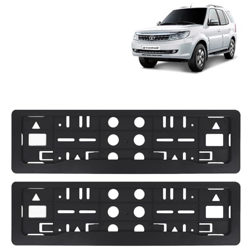 Image of KINGSWAY Safari Storme Car Number Plate Frames for All 2012 to 2020 Models of Tata Car Registration Plate Holders, Black Licence Plate Covers (Front and Rear), Universal Size 51.5 x 14.5 cm
