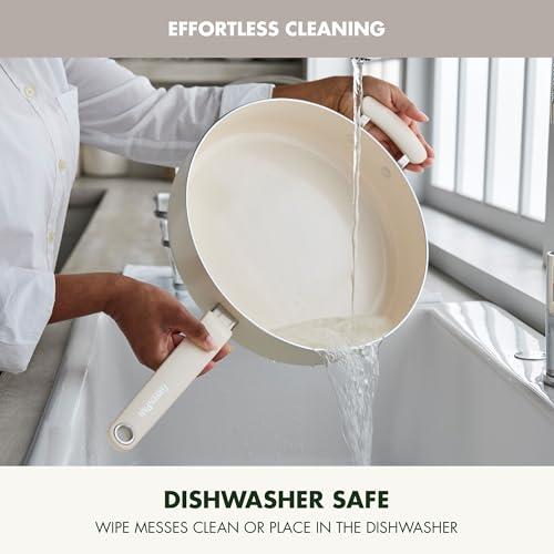 Image of GreenPan Rio Advanced 5QT Saute Pan With Tempered Glass Lid, 5QT Ceramic Nonstick pan with Helper Handle, PFAS-Free, Induction Ready, Dishwasher and Oven Safe, Cream White