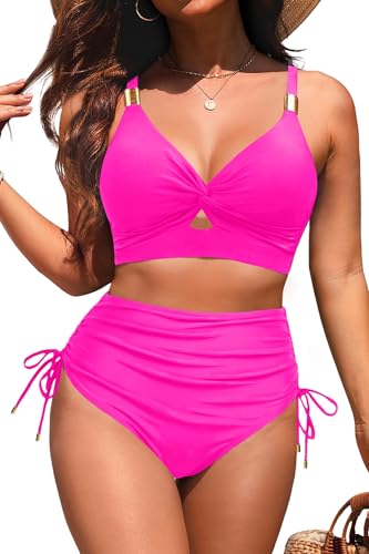 Image of Yonique Women High Waisted 2 Piece Bikini Set Tummy Control Full Coverage | Removable cups, smoothing gathered midsection, figure-flattering front ruching, and a stylish V-neck wrap top