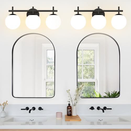 Image of MOKATNG 3-Light Bathroom Light Fixtures with Milky White Glass, Matte Black | 19.3 inch Vanity Lights for Bathroom, Bathroom Lighting Over Mirror, Wall Sconce, Fits E12 bulbs(Bulb Not Included)
