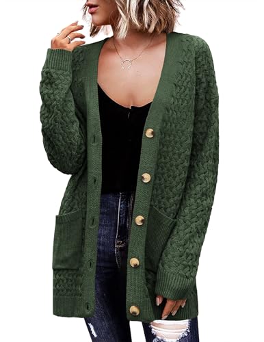 Zeagoo Womens 2025 Long Sleeve Chunky Cable Knit Fall Cardigans Sweaters Button Down Open Front Outerwear with Pockets Army Green XX-Large