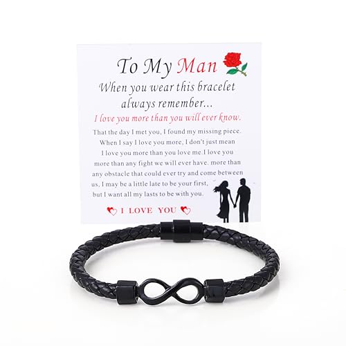 akowemge To My Man Bracelet，Adjustable Crown Stainless Steel Infinity Leather Card Exquisite Fashion Valentine Jewelry (Infinite Black)