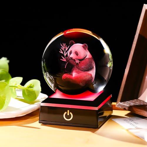 Image of Arikyrist 3D Panda Figurine Crystal Ball with Colorful Light Base, Panda Gifts for Women Men on Christmas Birthday, 3D Laser Engraved Pandas Full Sphere Glass Decorative Ball for Home Office (80mm)