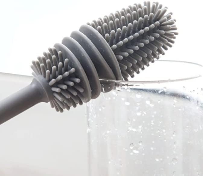 Escova de Silicone para Lavar Garrafas, Mamadeiras, Copos e Taças - Cinza