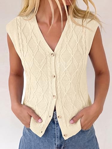 BTFBM Vest Tops for Women Summer V Neck Button Loose Lightweight Cardigan Knit Cap Sleeve Sweater Vests Fashion Clothing(Beige, Small) — view 4
