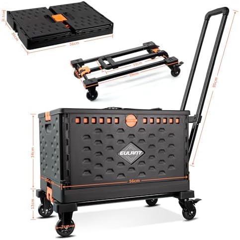 EULANT 2 in1 Foldable Hand Truck with 60L Folding Box & Lid,Utility Transport Trolley Box Cart with 360° Rotating Wheels & 2 Elastic Ropes,Crate on Wheels with Adjustable Handle & Brake
