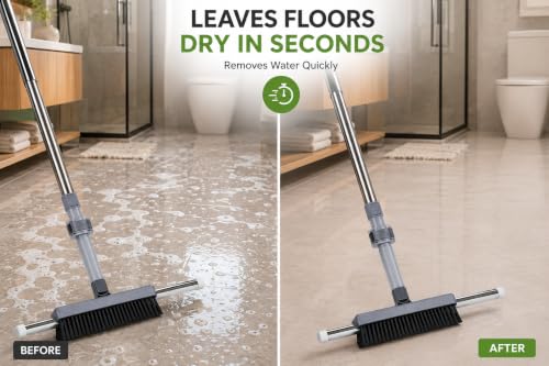 Image of Vasukie 2-in-1 Floor Scrub Brush, Adjustable Stainless Steel Long Handle, Broom for Floor Cleaning, Wet /Dry Multi-Surface Wiper for Bathroom, Glass, Pet Hair, and Concrete (Grey)