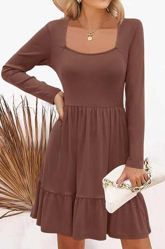 Image of Newshows Women's 2026 Summer Casual Square Neck Ruffle A Line Beach Vacation Sundress Work Business Dress with Pockets