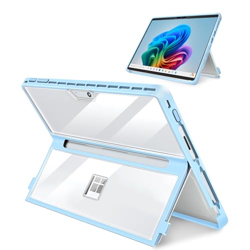 Case for 13 Inch Microsoft Surface Pro 11/10/9/8, with Stent Cover, All-in-one Shockproof Folio Rugged Case Compatible with Type Cover Keyboard, TPU Material(Transparent&Blue)