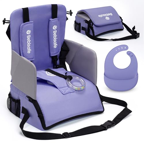 BEBISAFE | Tronas de Bebe - Trona Portatil Bebe Plegable - Alzador Silla para Niños comer - De Viaje Portatil y Plegable - Alzador Silla comer - Elevador para niños - Incluye Babero Silicona (Morado)